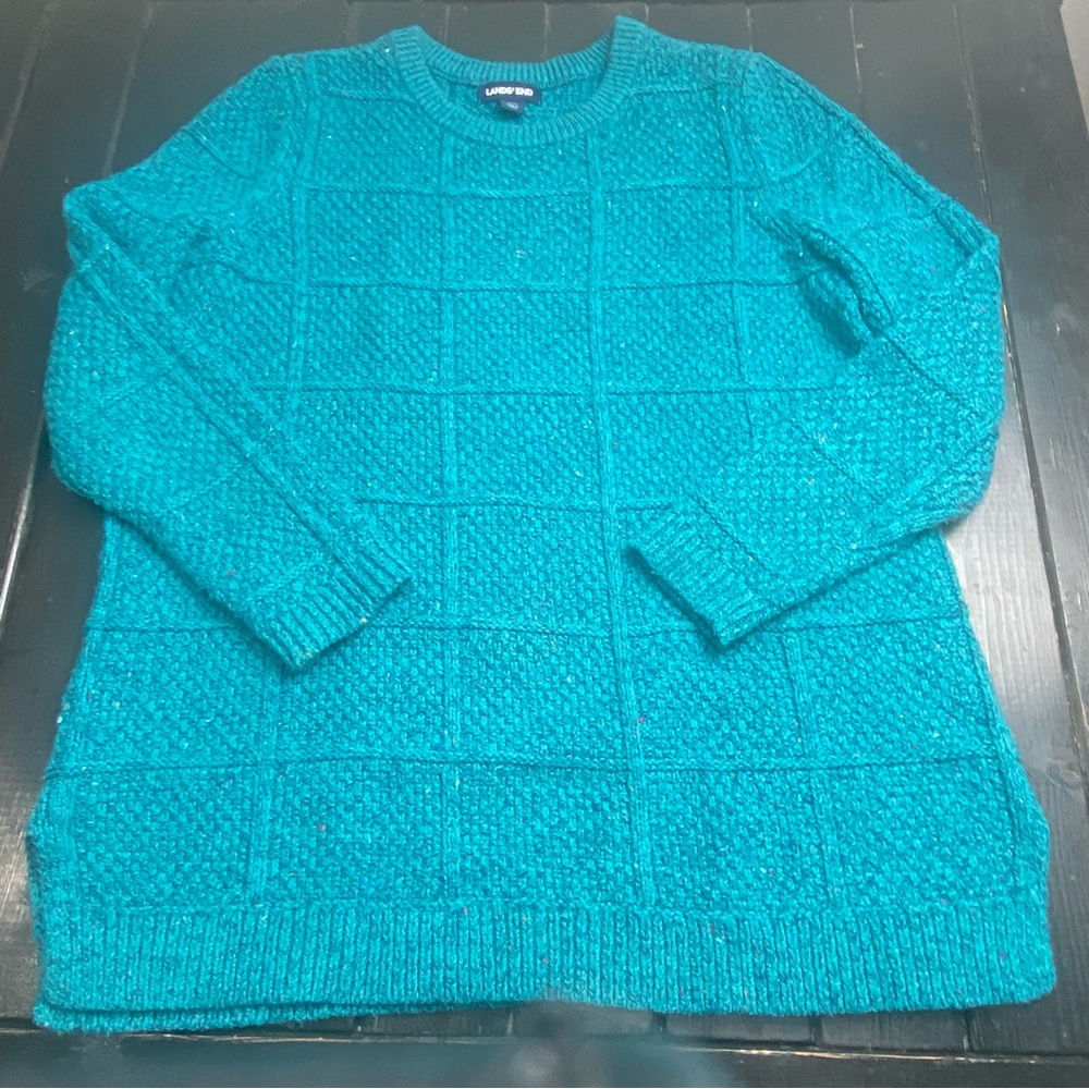 Lands‎ End Chunky Knit Sweater Teal Blue L Wool Blend